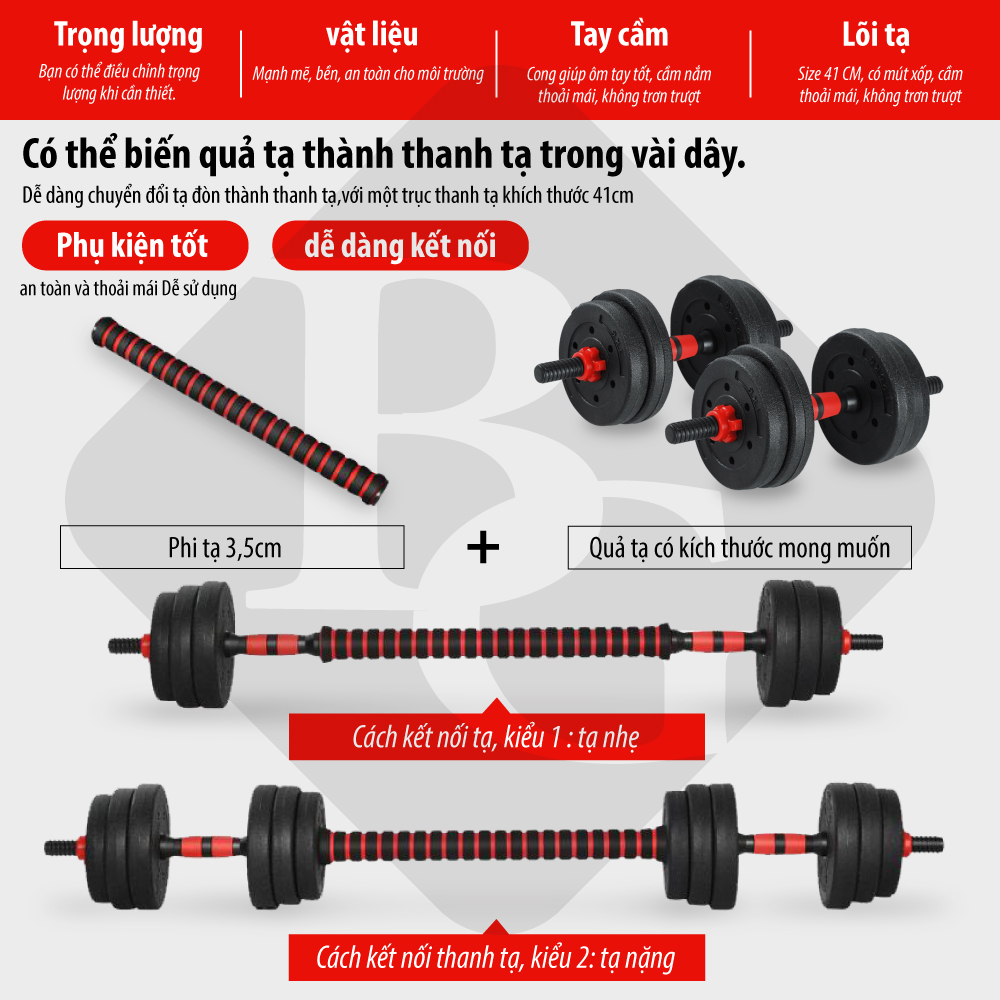 BỘ ĐÔI TẠ 30KG BG Tạ Tập Tay Đa Năng Điều Chỉnh 2 in 1 Kết Hợp Tạ Đẩy