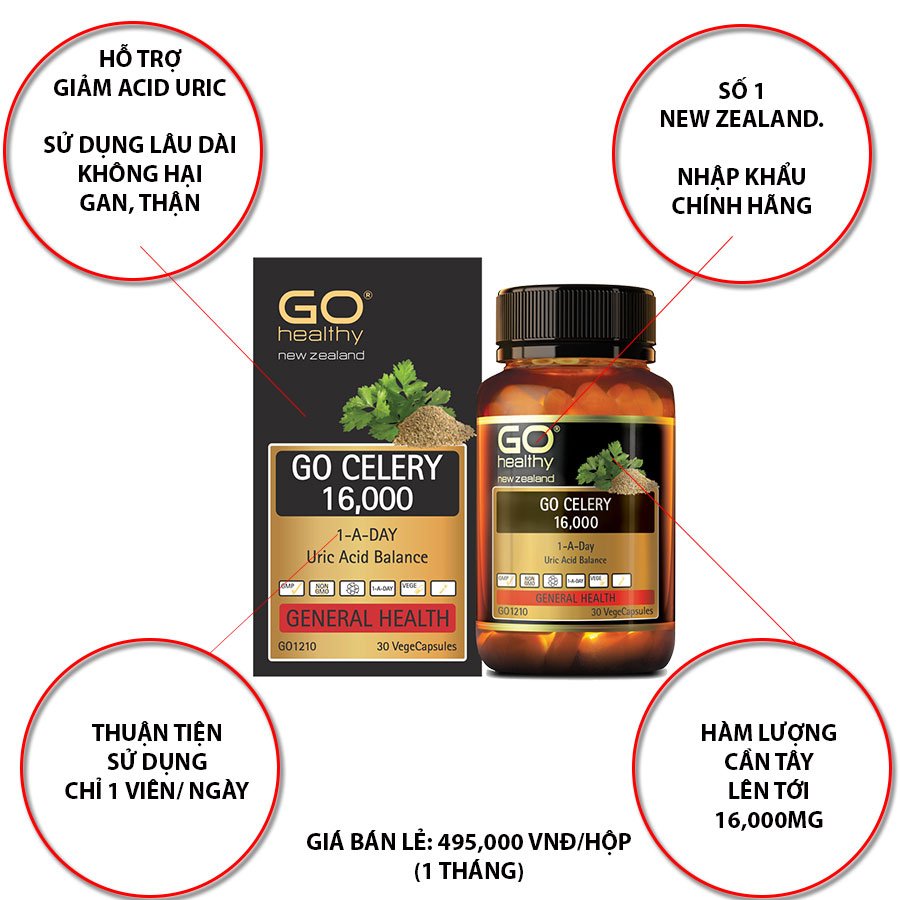 Viên gout nhập khẩu chính hãng New Zealand GO CELERY 16000mg giúp giảm các triệu chứng bệnh gút: giảm uric acid, làm giảm triệu chứng sưng đau do gut