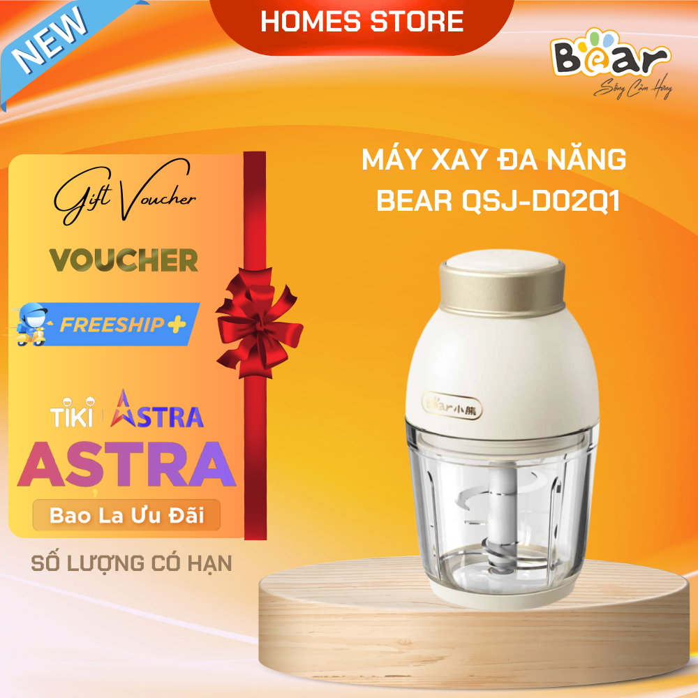 Máy Xay Thực Phẩm Đa Năng, Máy Xay Ăn Dặm BEAR QSJ-D02Q1 Xay Cực Êm An Toàn Vệ Sinh Dung Tích 0.6 Lít Công Suất 200 W - Hàng Nhập Khẩu