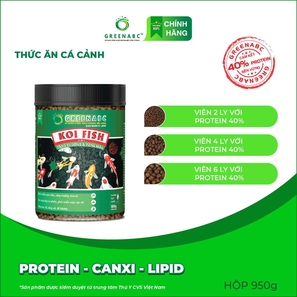 Thức ăn Cá Koi GREENABC - Koi Fish – Hàm lượng protein 40% giúp tăng size, tăng màu, tiêu hóa tốt, tăng đề kháng – Hộp 950g