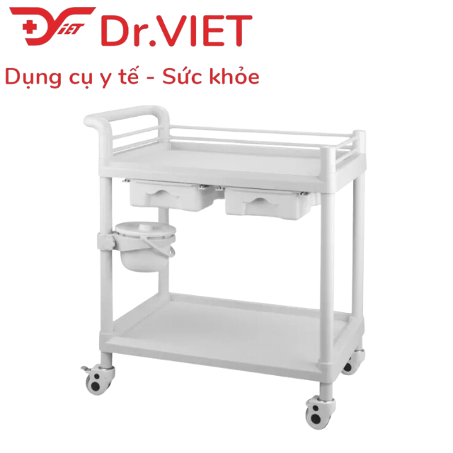 Xe đẩy dụng cụ tiêm nhựa ABS. Loại 2 tầng cỡ lớn, 2 hộc kéo, 1 chậu