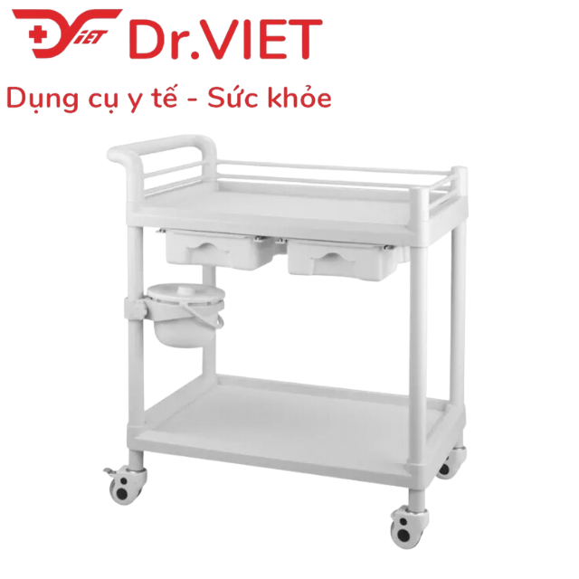 Xe đẩy dụng cụ tiêm nhựa ABS. Loại 2 tầng cỡ lớn, 2 hộc kéo, 1 chậu (L)