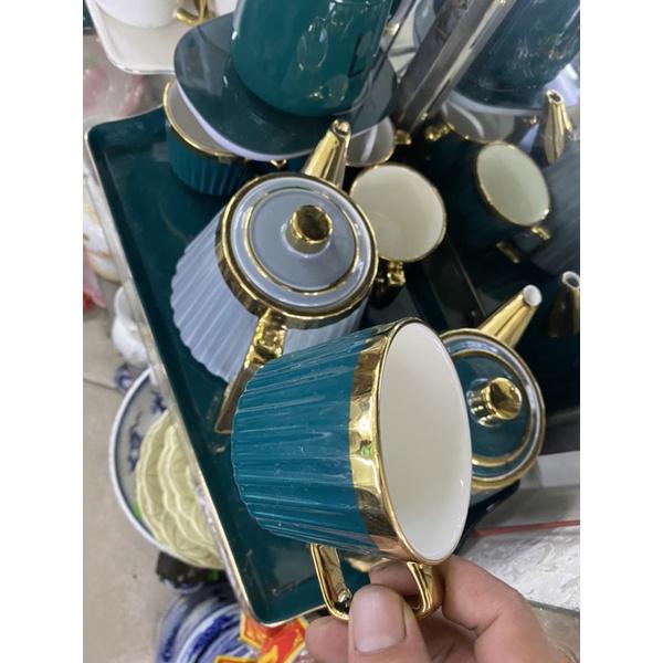 Bộ tách trà xanh và trắng cao cấp viền vàng