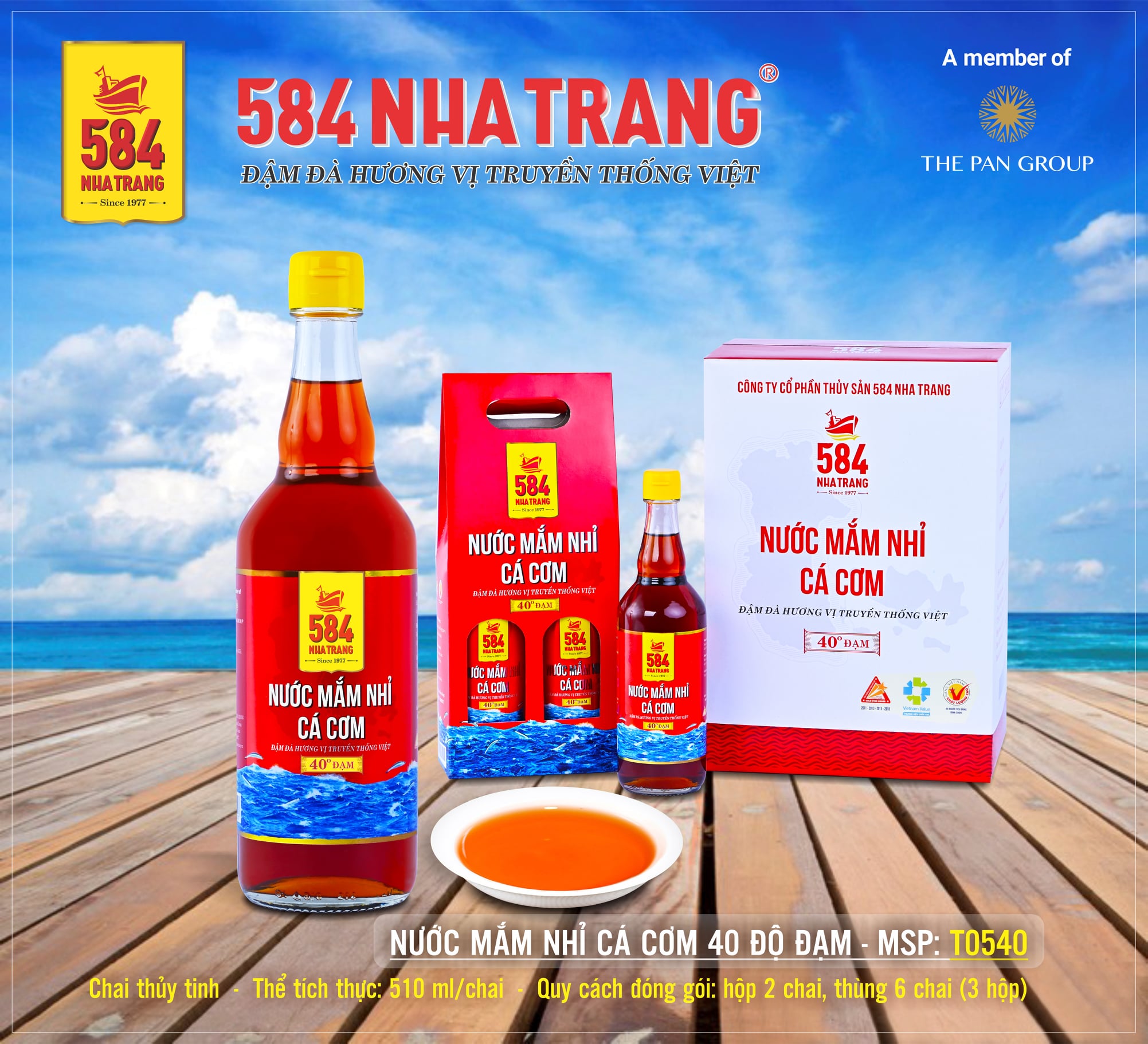 Thùng 6 chai Nước mắm Nhỉ Cá cơm, 40 độ đạm, 584 Nha Trang, Chai thủy tinh 500ml, Date luôn mới