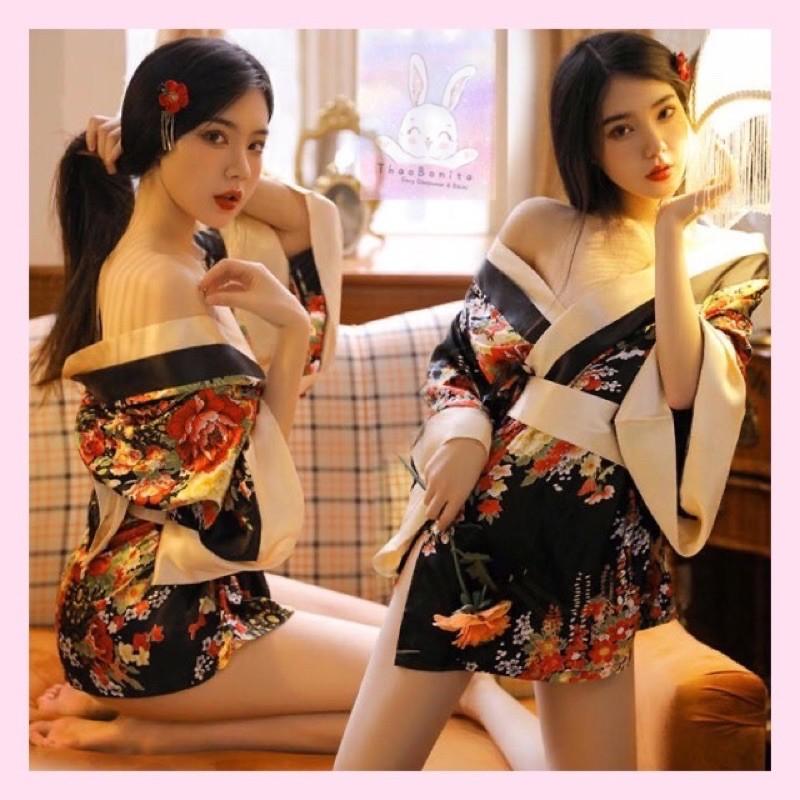 Set KIMONO Hoa đỏ, đen cao cấp, Cosplay cổ trang cực đen T211 GIAO HOẢ TỐC HCM