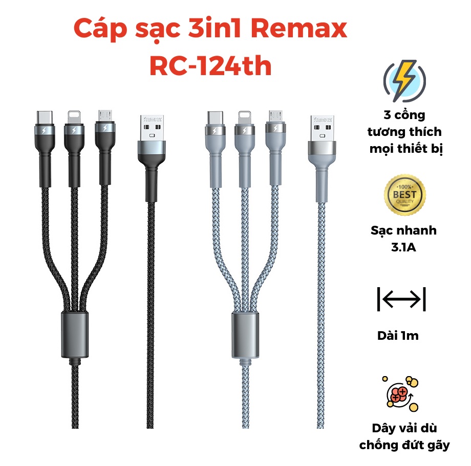 Cáp sạc đa năng Remax RC-124th thiết kế đa năng tích hợp 3in1 iP- Type C- Micro- hàng nhập khẩu