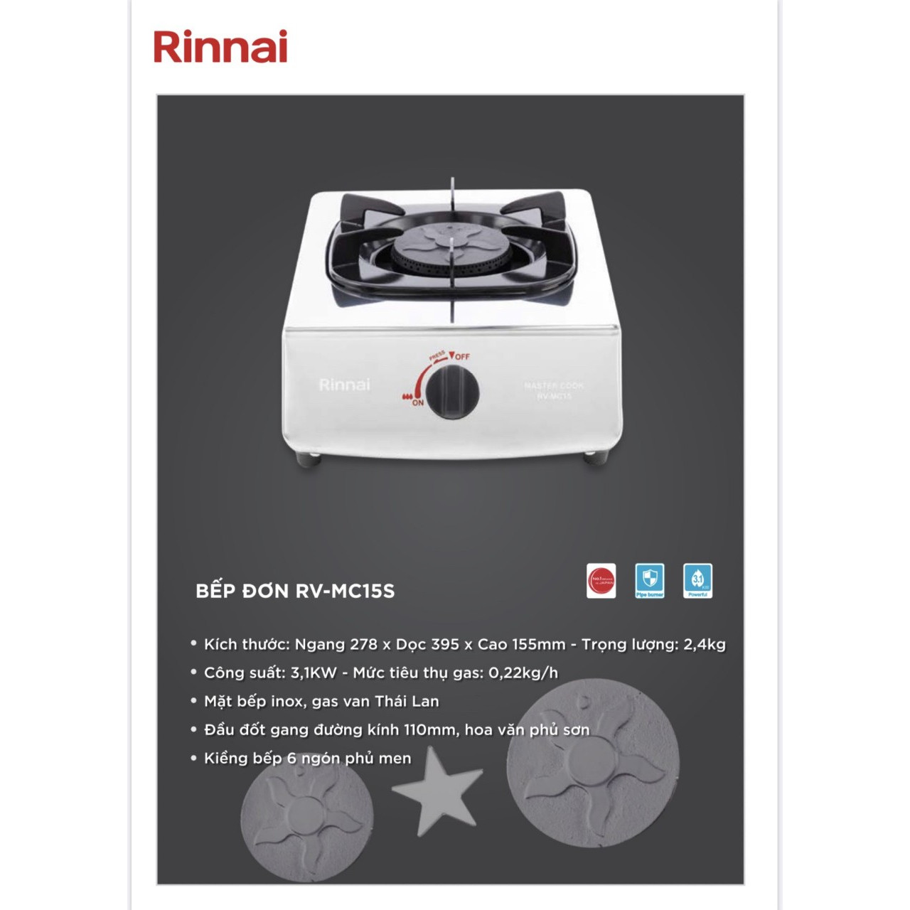 Bếp gas đơn Rinnai RV-MC15S-hàng chính hãng bảo hành 2 năm