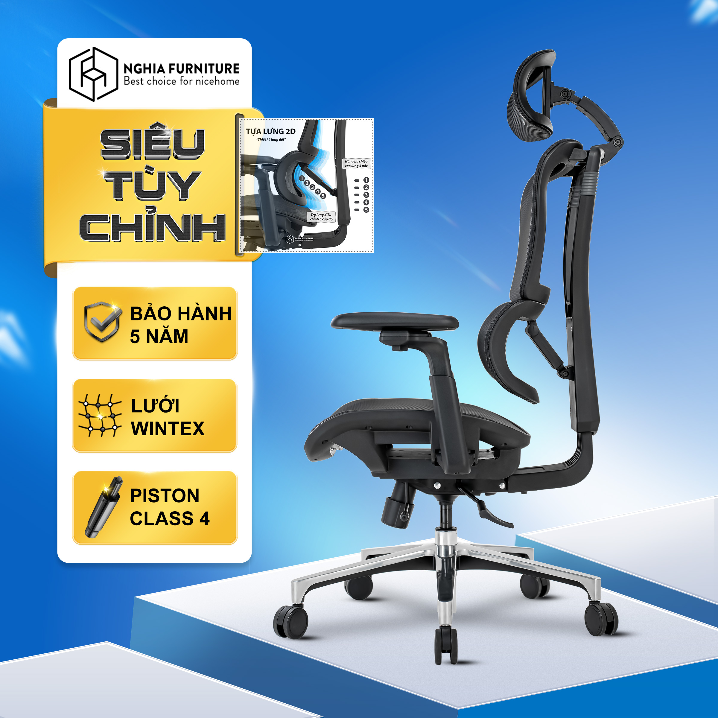 Ghế công thái học Nghia furniture LUMBAR – Ghế xoay văn phòng làm việc nhiều tính năng khủng – Khung đen – Full lưới đen