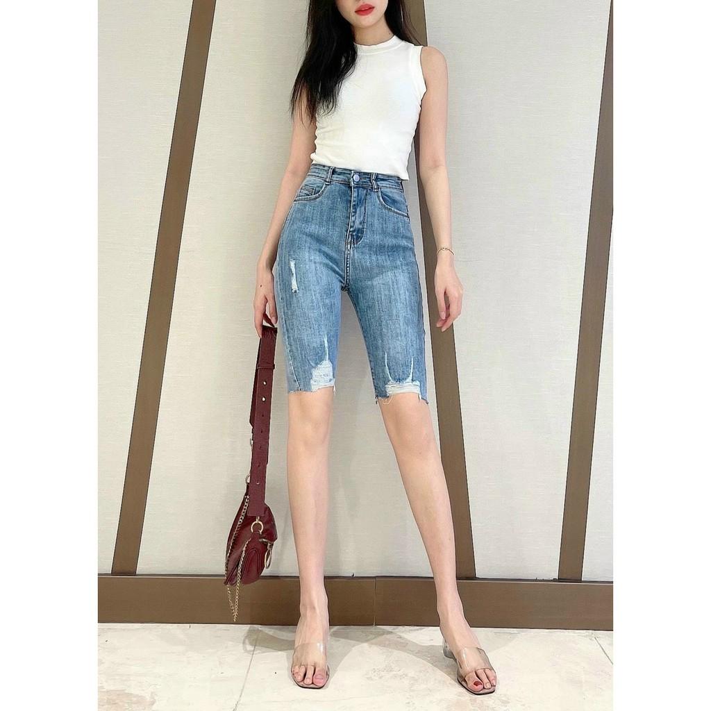 Quần bò ngố / lửng BIGSIZE lưng siêu cao, co dãn mạnh rách xước kiểu đẹp thời trang 90kg 3851