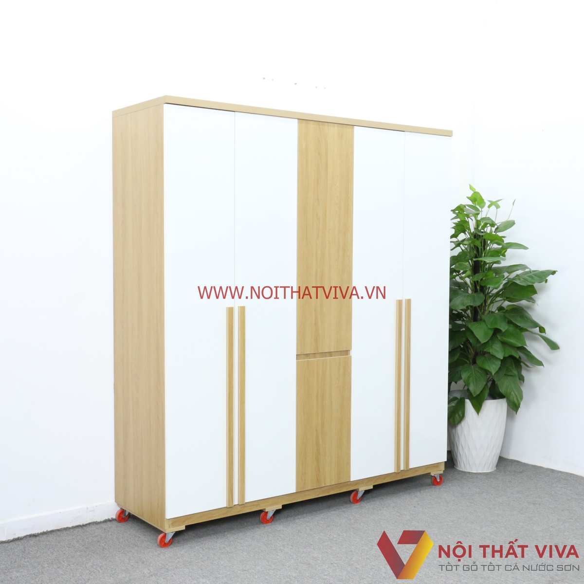 Tủ Quần Áo Gỗ MDF Melamine 5 Cánh Màu Vàng Phối Trắng Đẹp Sang Trọng