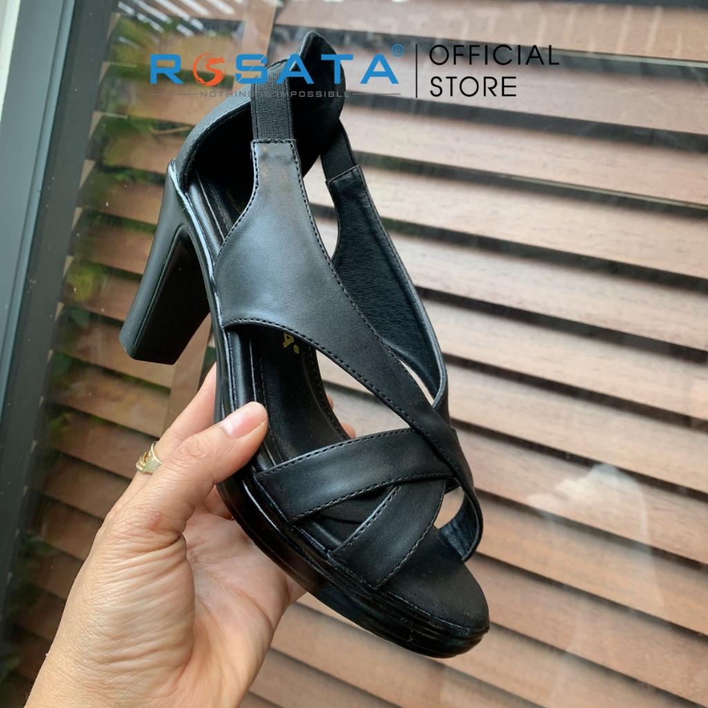 Giày sandal cao gót nữ ROSATA RO473 mũi tròn phối dây chéo quai hậu gót trụ cao 8cm màu đen xuất xứ Việt Nam