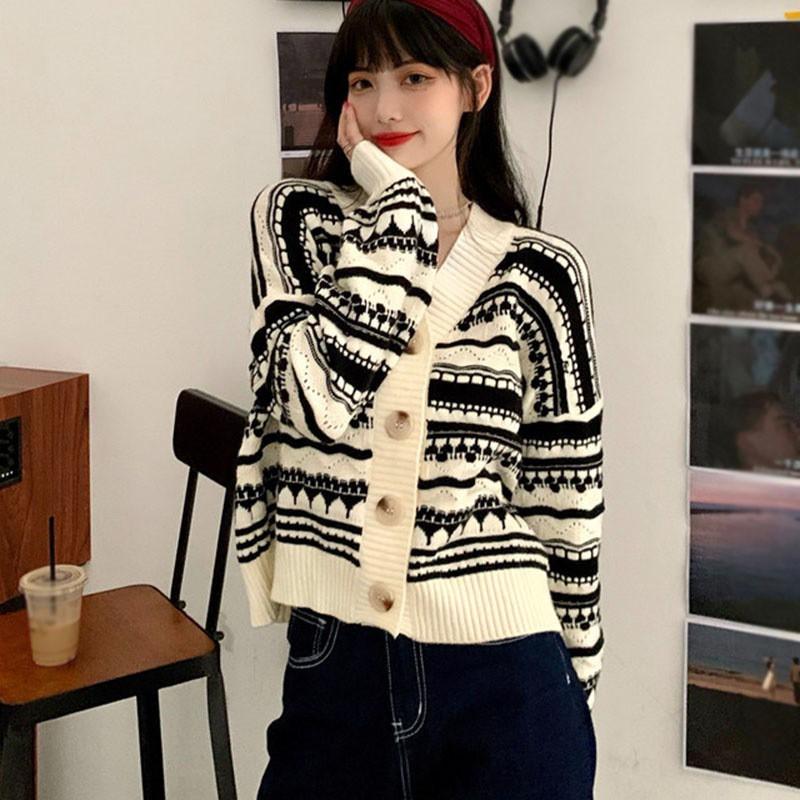 Áo Khoác Cardigan Dệt Kim Hoạ Tiết Kẻ Sọc Thiết Kế Cổ Chữ V Nữ Tính
