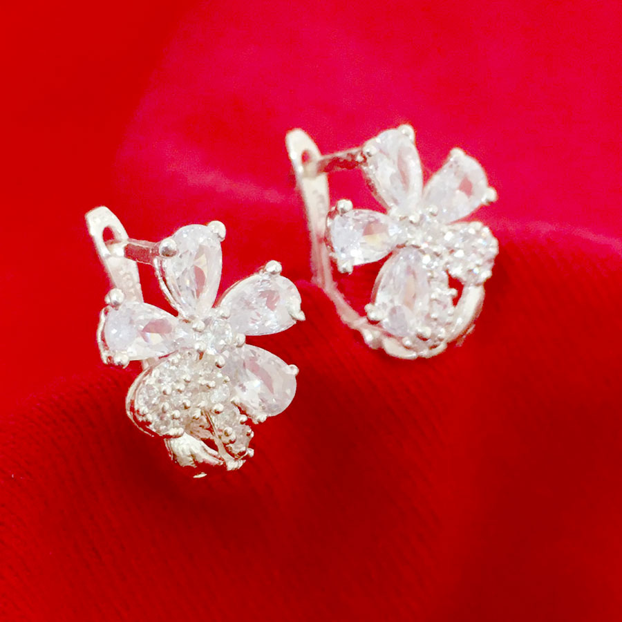 Bông tai Bạc Quang Thản kiểu khóa bật đeo sát tai đính đá cobic cao cấp - QTBT103