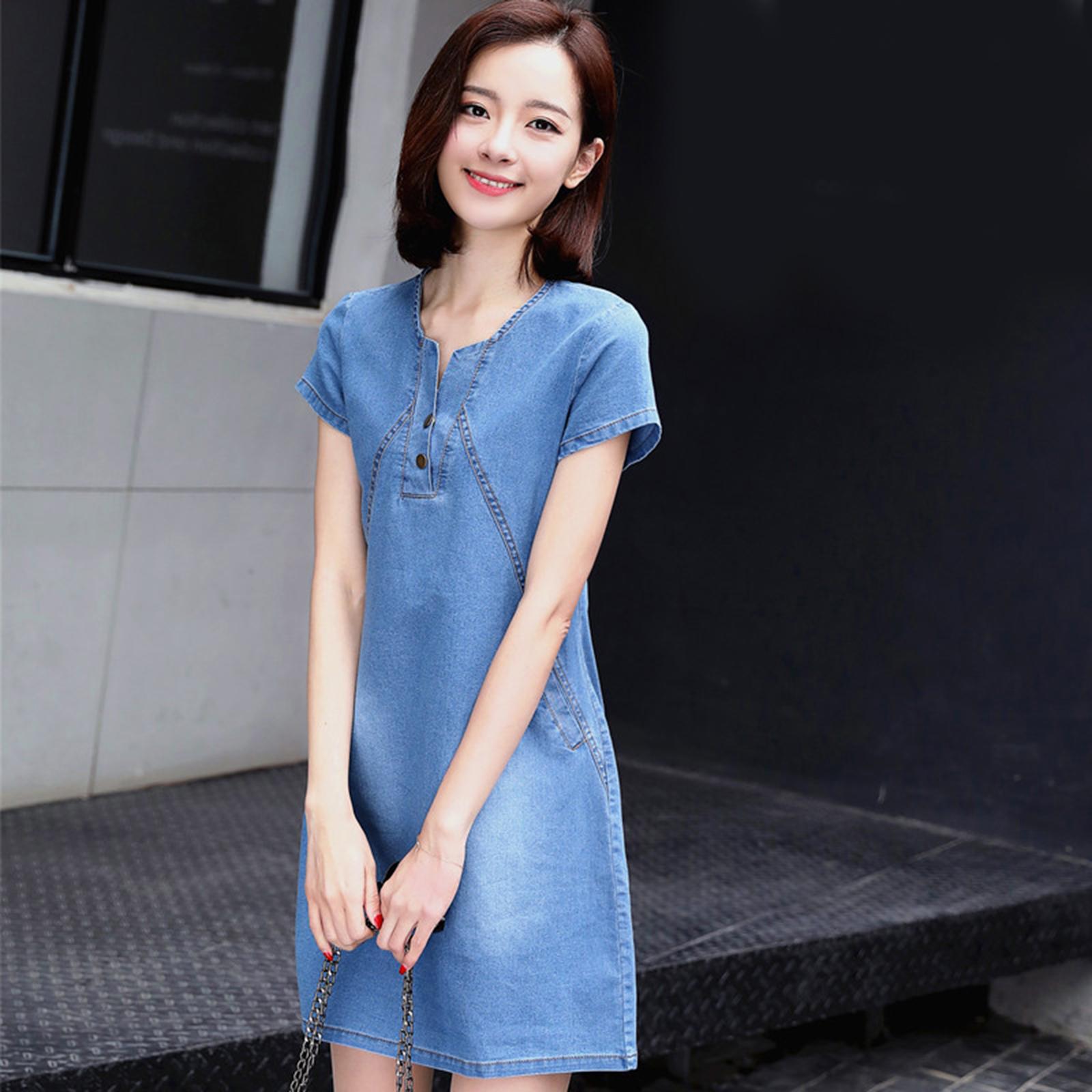 Womens  Denim Dress Spring Summer V Neck Slim Fit Skirt