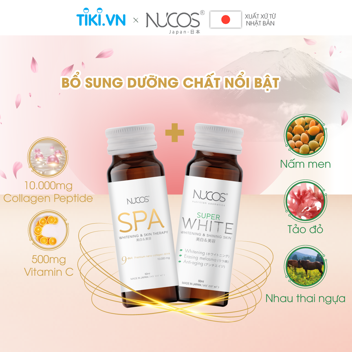 Combo collagen căng bóng trắng da mờ thâm nám Nucos Spa 10.000 và Nucos Super White 3 hộpx10 chaI