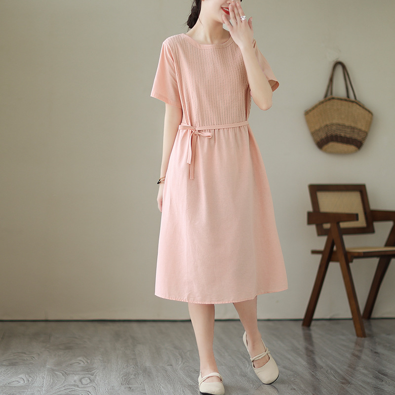 Đầm suông Linen nữ ngắn tay,form rộng, eo có dây thắt chất Linen mềm mát thời trang hè Đũi Việt