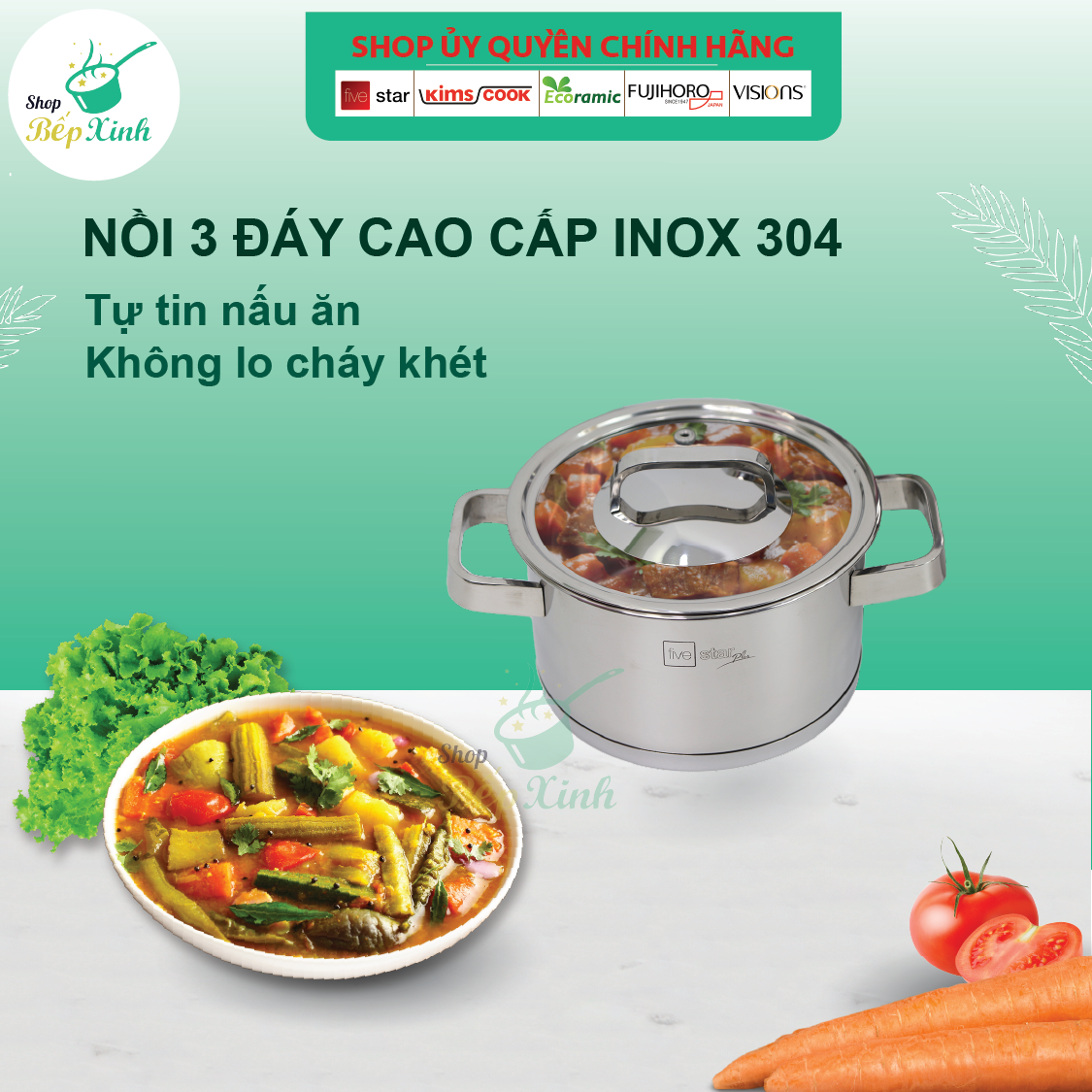 Combo Bộ nồi inox và xửng hấp Fivestar 5 món nắp kính ( 1nồi 16cm x1nồi 18cm x1nồi 20cm x1nồi 24cm x 1thân xửng 24cm)