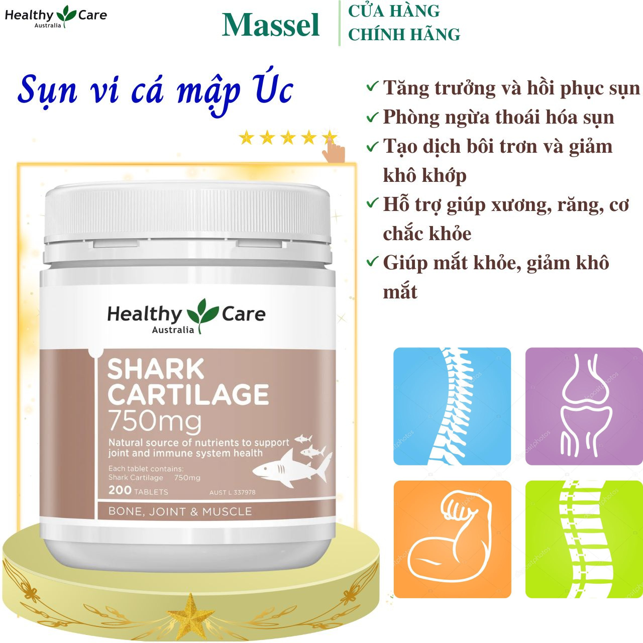 Sụn vi cá mập Úc Healthy Care Shark Cartilage 750mg tăng sức khỏe xương khớp, cơ bấp, tăng chức năng vận động - Massel Official