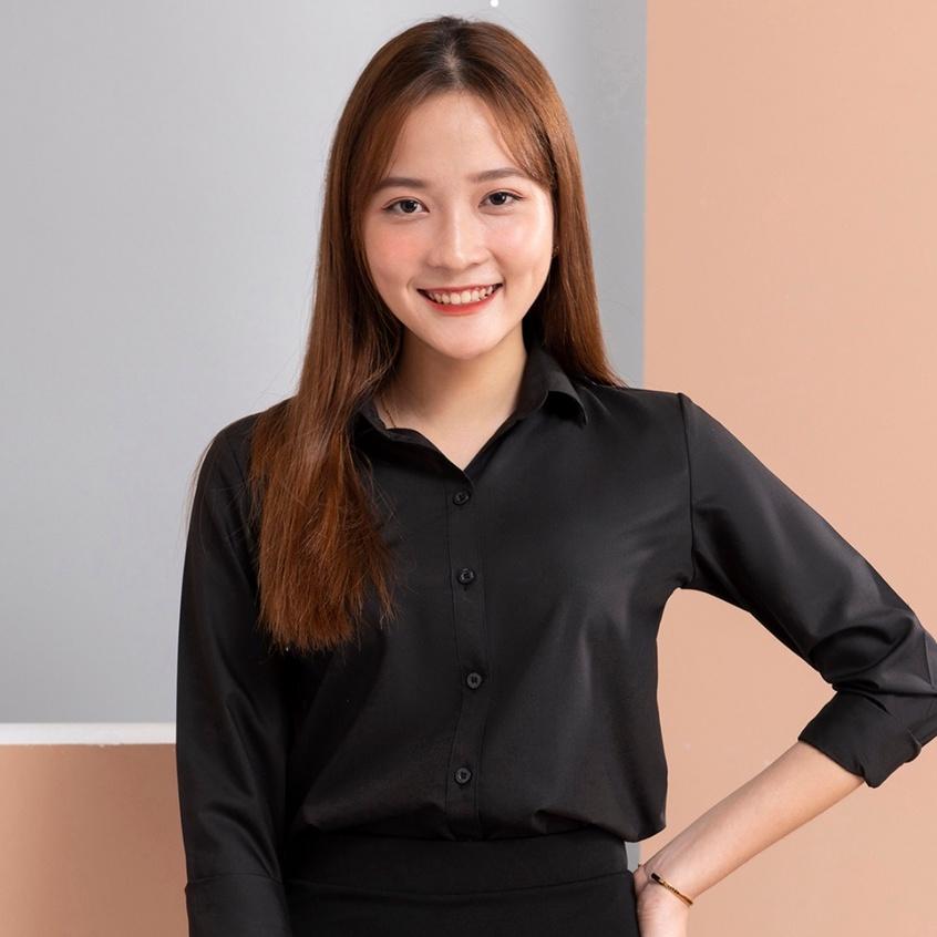 Áo sơ mi nữ đen dài tay basic, dáng xuông, form vừa, chất liệu mềm mịn