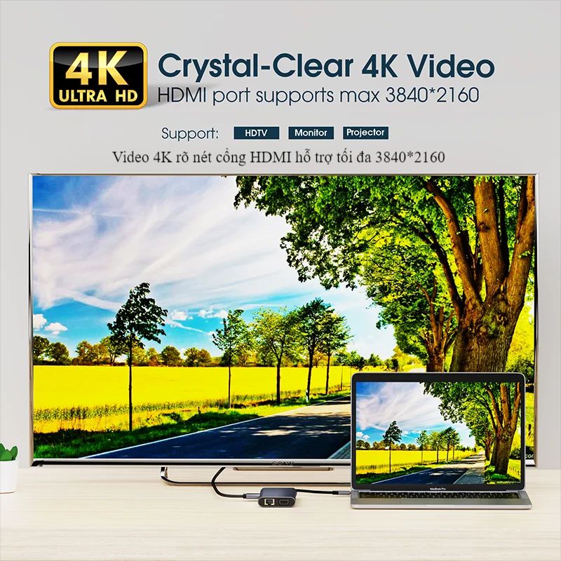 Hub Type C FIRO 11in1 - Hub Chuyển Đổi Type C To HDMI Chuẩn HDTV - 1 Cổng HDMI 4K, 1 Cổng VGA, 1 Cổng Mạng Lan, 1 Cổng Type C PD, 4 Cổng USB 3.0&amp;2.0, 2 Khe Đọc Thẻ TF/SD, 1 Cổng Audio - Kết Nối Tốc Độ Cao-Dùng Cho Smartphone/Laptop/PC/Tivi-Hàng Chính Hãng