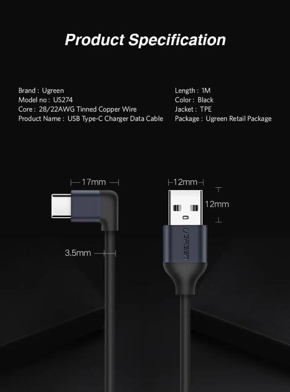 Ugreen UG50521US274TK 1M Dây USB sang USB-C vuông góc - HÀNG CHÍNH HÃNG
