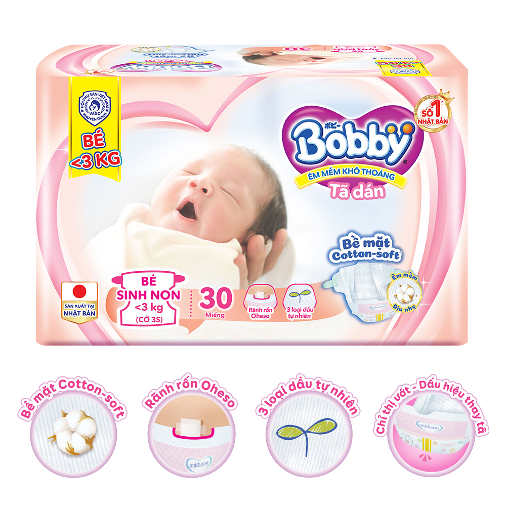 Tã dán Bobby cho trẻ sinh non dưới 3kg 30 miếng