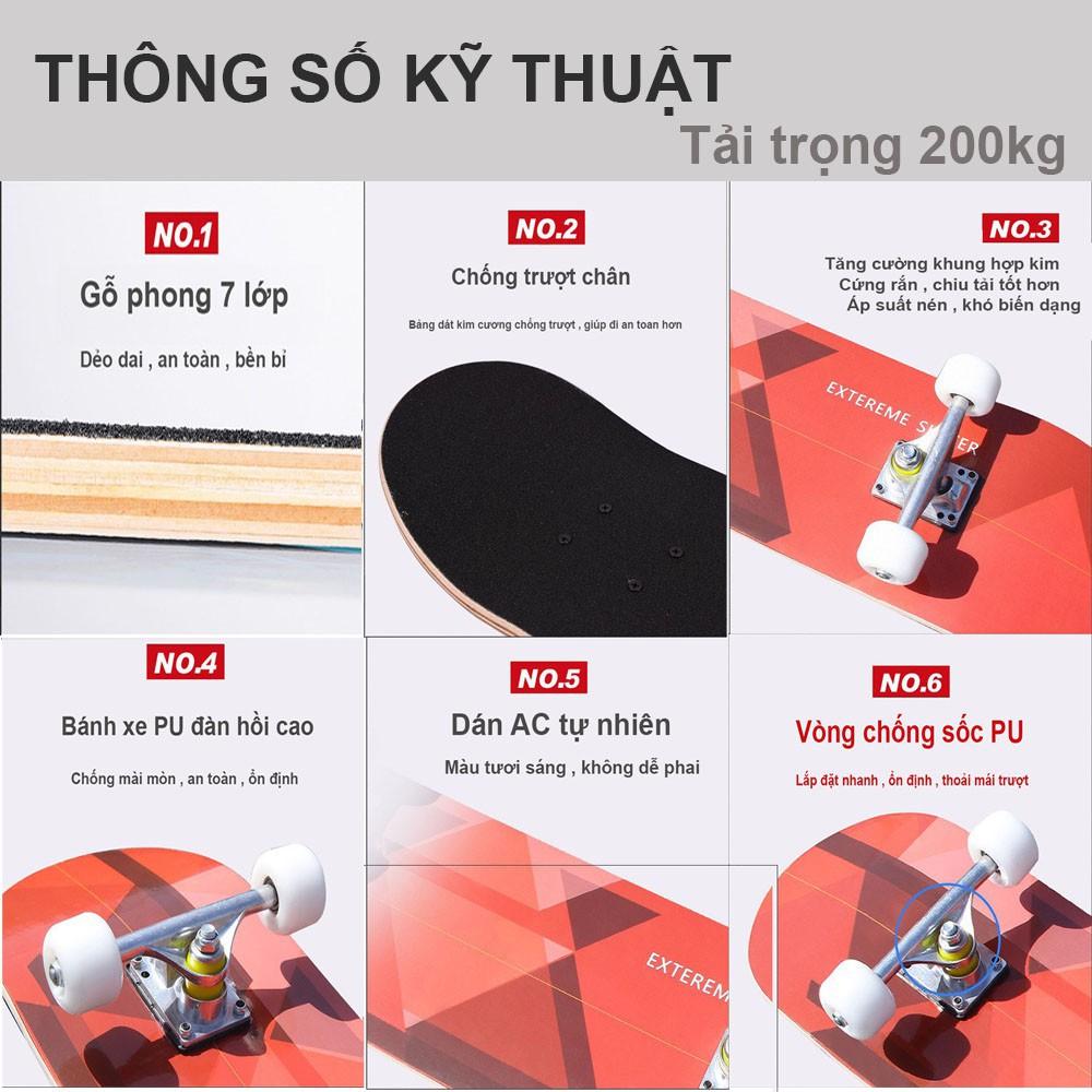 Ván trượt thể thao mặt nhám bánh cao su cao cấp + tặng dụng cụ vặn ván