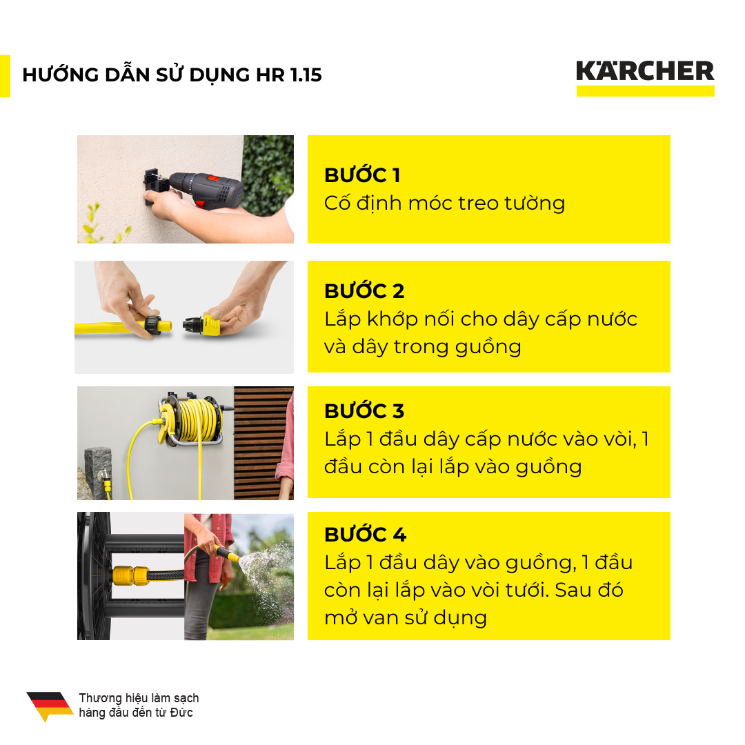 (Mới 2025) Bộ rulo guồng dây tích hợp vòi tưới cây Karcher 15m HR 1.15 - Ống dây 3 lớp cao cấp - Đi kèm dây cấp nước 2m - Hàng Chính hãng