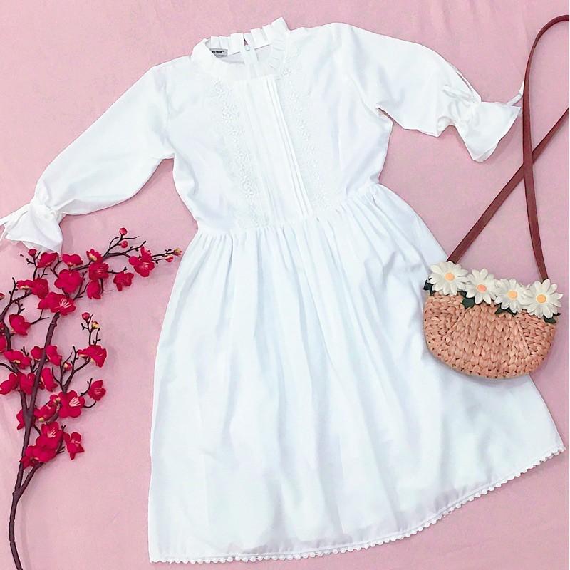 Đầm váy babydoll trắng tay nơ