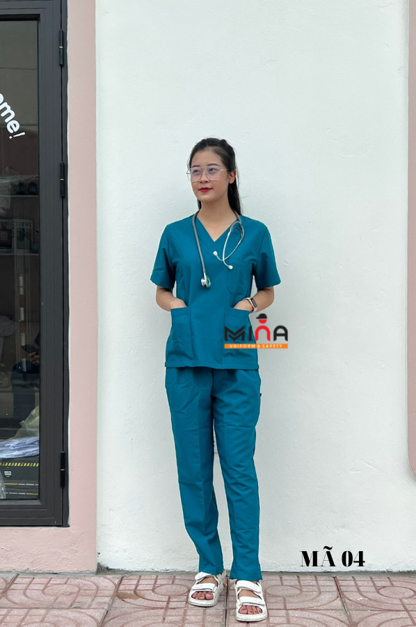 Bộ scrubs bác sĩ, quần áo y tế phẫu thuật - Màu xanh cổ vịt - Vải cotton co giãn