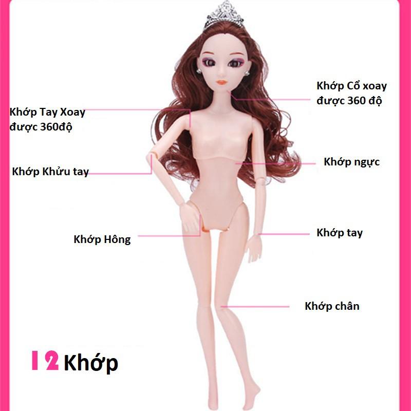 Búp Bê 12 Khớp Mắt 3D Tiểu Thư Xinh Đẹp Tặng 03 Váy Ngắn + 06 Món