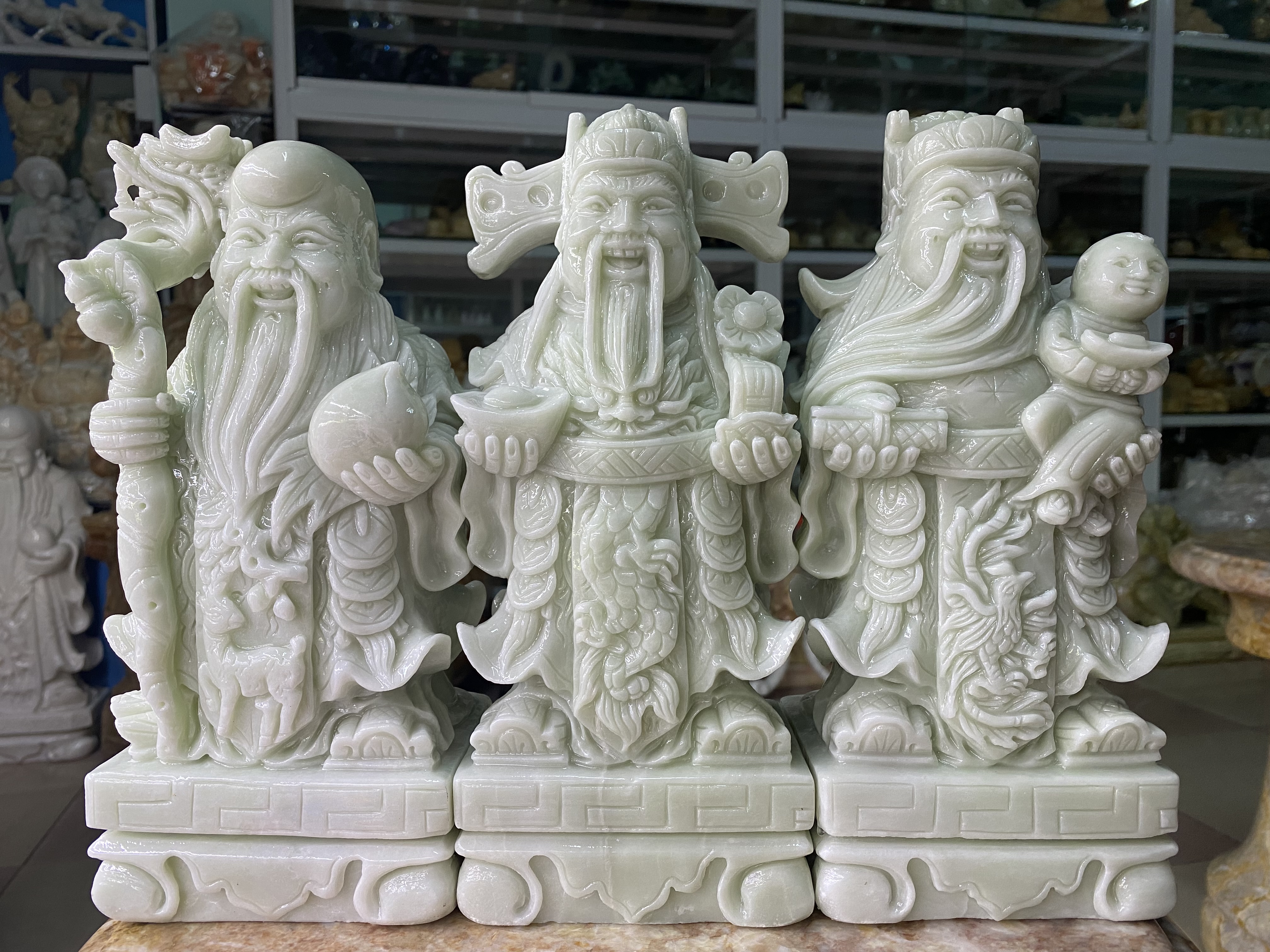 Bộ Tượng Tam Đa Đá Cẩm Thạch Trắng Xanh - cao 25cm