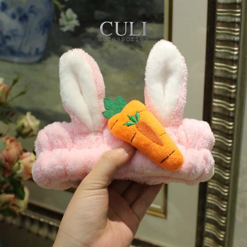 Băng đô rửa mặt, Bờm cài tóc tai thỏ đính củ cà rốt siêu đáng yêu, vải lông mềm mại, style Hàn Quốc xinh xắn