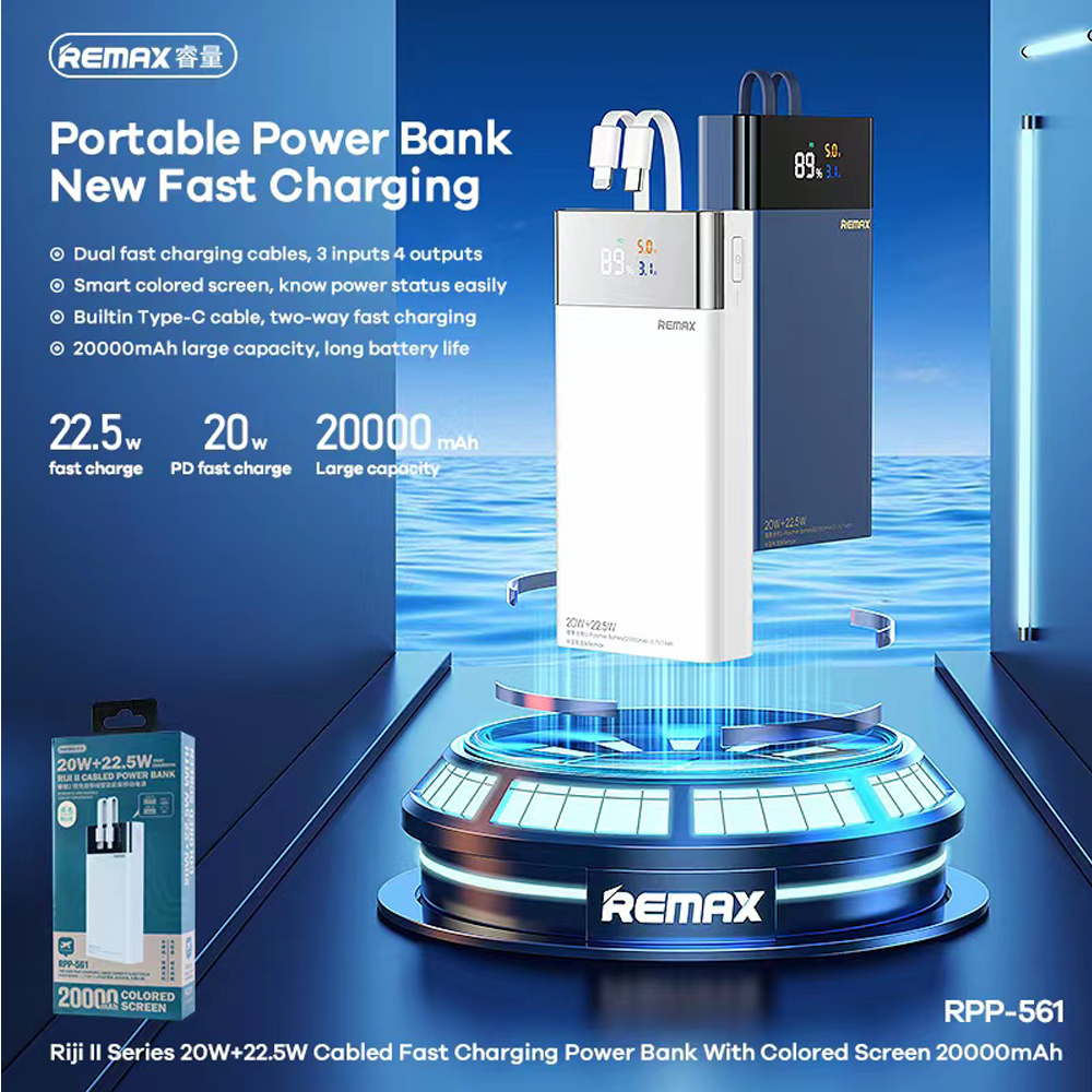 Pin sạc dự phòng Remax 20000mAh PD 22.5W tích hợp sẵn cáp cho điện thoại Remax RP-561 - Hàng Chính Hãng