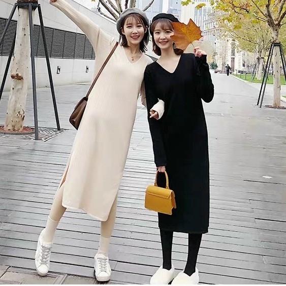 Váy suông dài tay cổ tim xẻ tà chất len gân phong cách hàn quốc