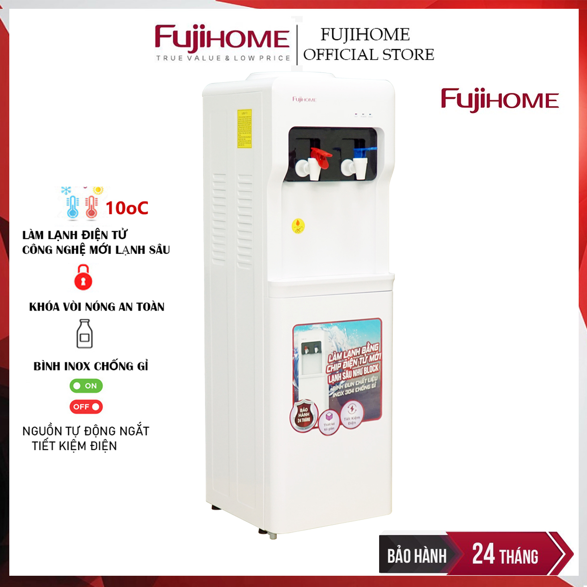 Cây nước nóng lạnh Nhật Bản Fujihome WD5320E khóa vòi nóng, máy nước uống nóng lạnh mini tự ngắt tiết kiệm điện - Hàng Chính hãng