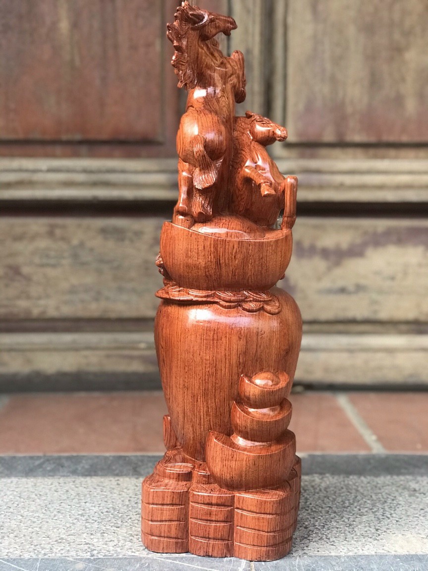 Tượng con ngựa song mã uyên ương bằng gỗ hương đá kt cao 50×22×15cm
