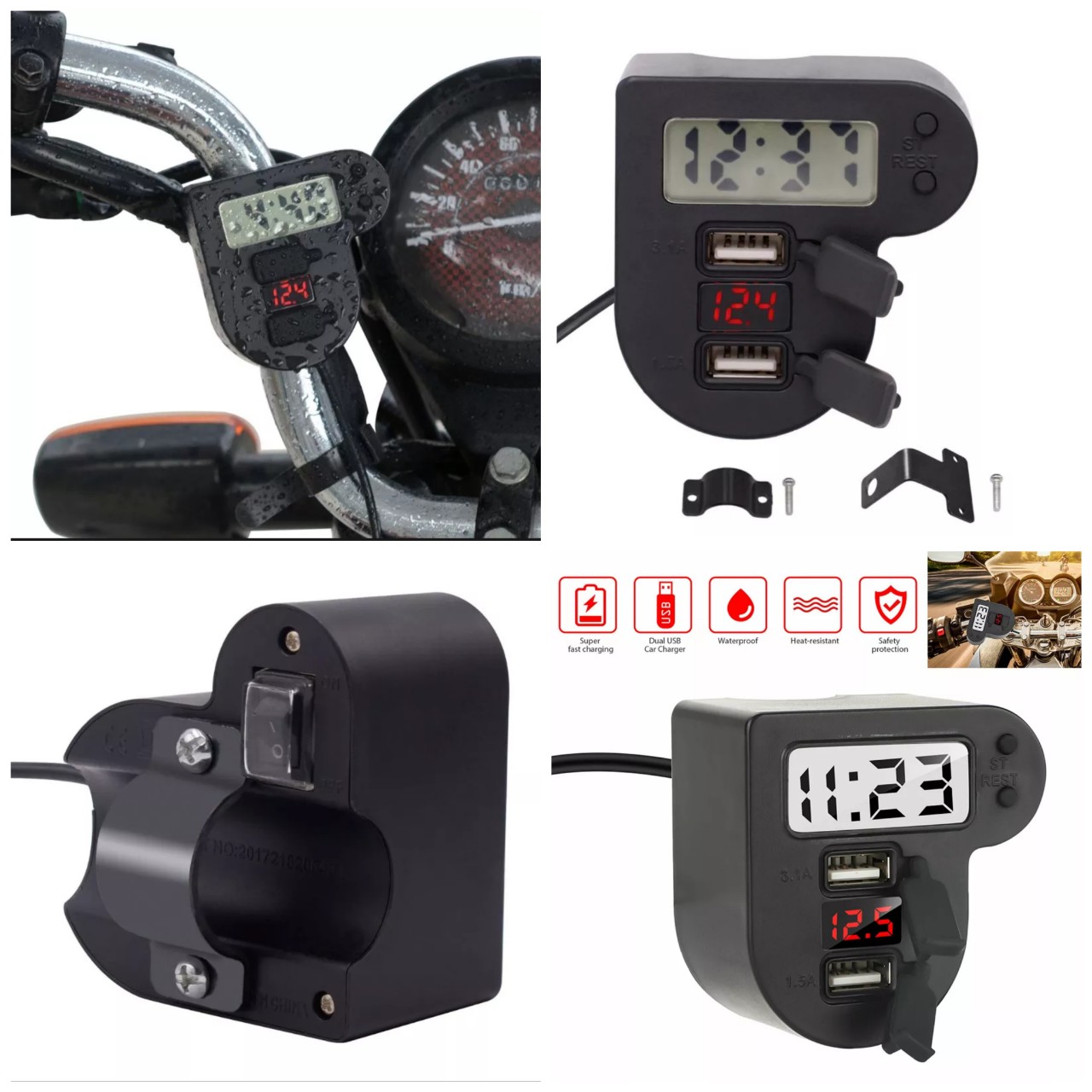 Đồng hồ 3in1 báo giờ, vôn ắc quy kèm cổng sạc nhanh USB gắn các loại xe máy mẫu mới hàng cao cấp
