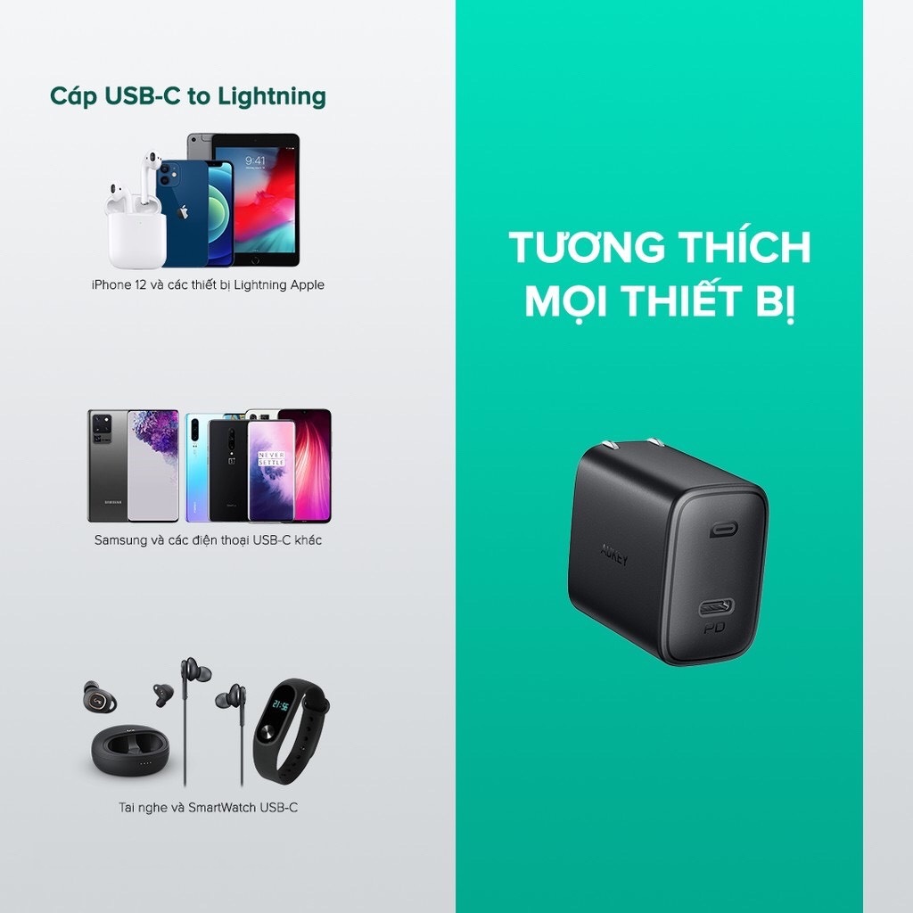 Combo Sạc Nhanh Siêu Nhỏ Aukey PA-F1S Power Delivery 20W - Cáp Sạc Nhanh USB-C to Lightning Aukey CB-CL2 2M - Hàng Chính Hãng