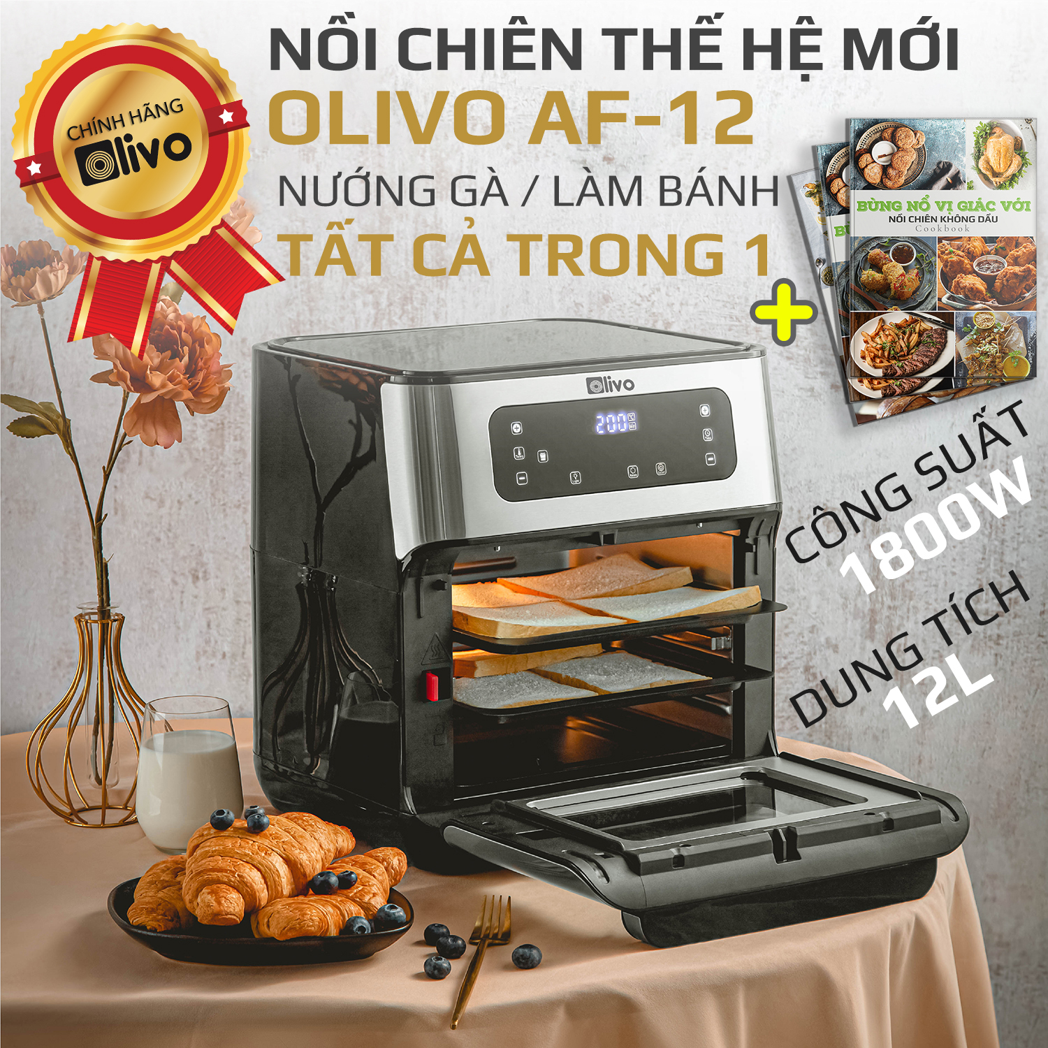 Nồi Chiên Không Dầu OLIVO AF12 [Hàng Chính Hãng] Dung Tích 12L - Công Suất 1800W - Thương Hiệu Mỹ