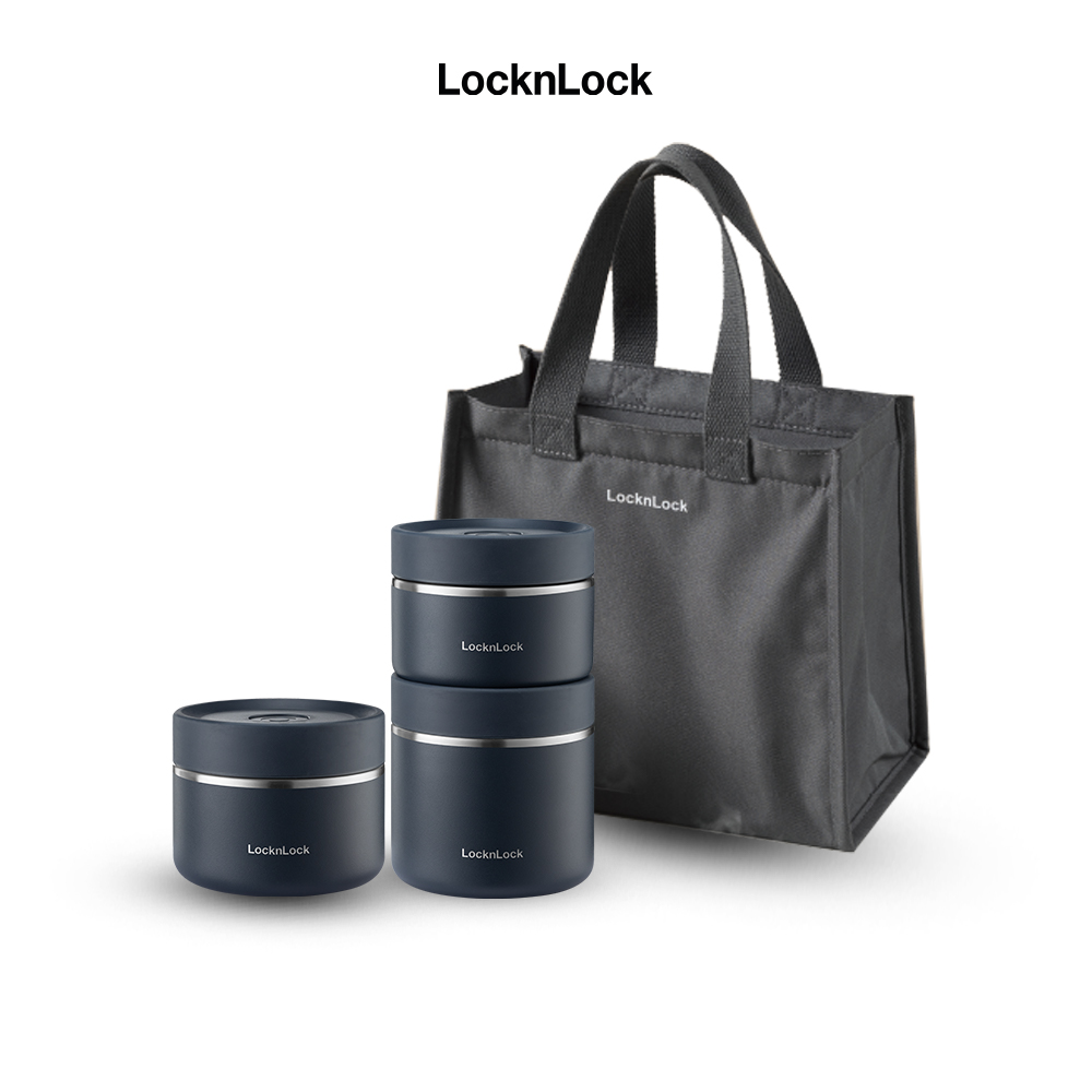 Bộ hộp cơm giữ nhiệt Pump vacuum lunch box LocknLock LHC8052S02 - 5pcs (3 hộp, 1 túi, 1 bộ muỗng đĩa)