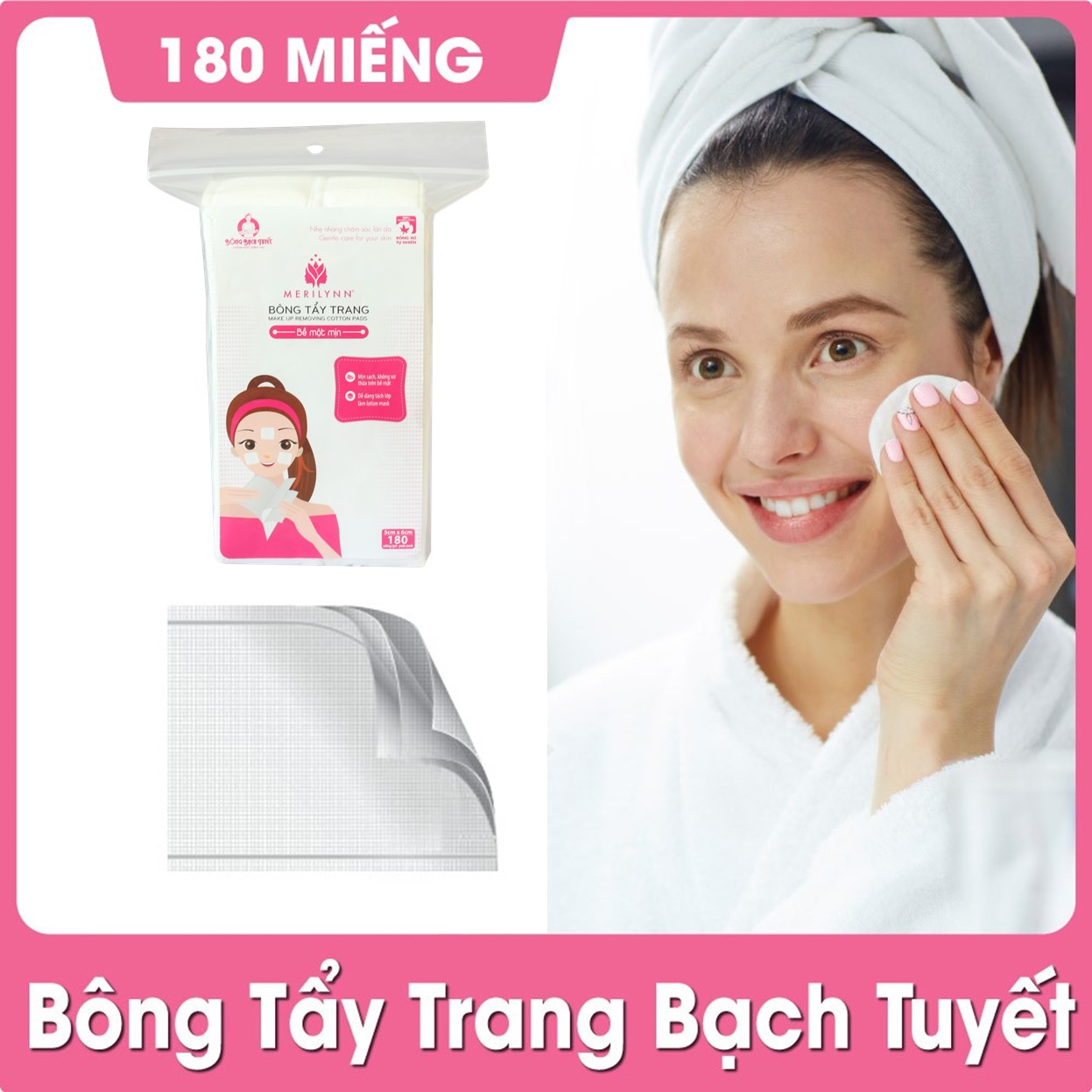 Bộ 2 gói Bông Tẩy Trang Bạch Tuyết Merilynn Bề Mặt mịn (180 Miếng/gói)