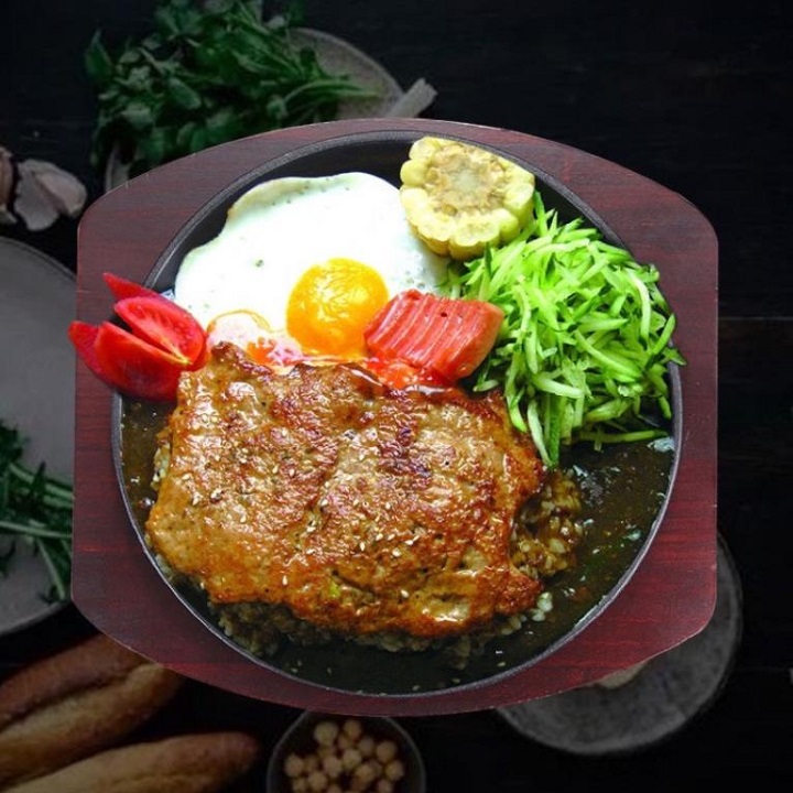 Chảo Nướng Gang Tròn Kèm Đế Gỗ Làm Bò Né, Bò Bít Tết Hàng Loại 1