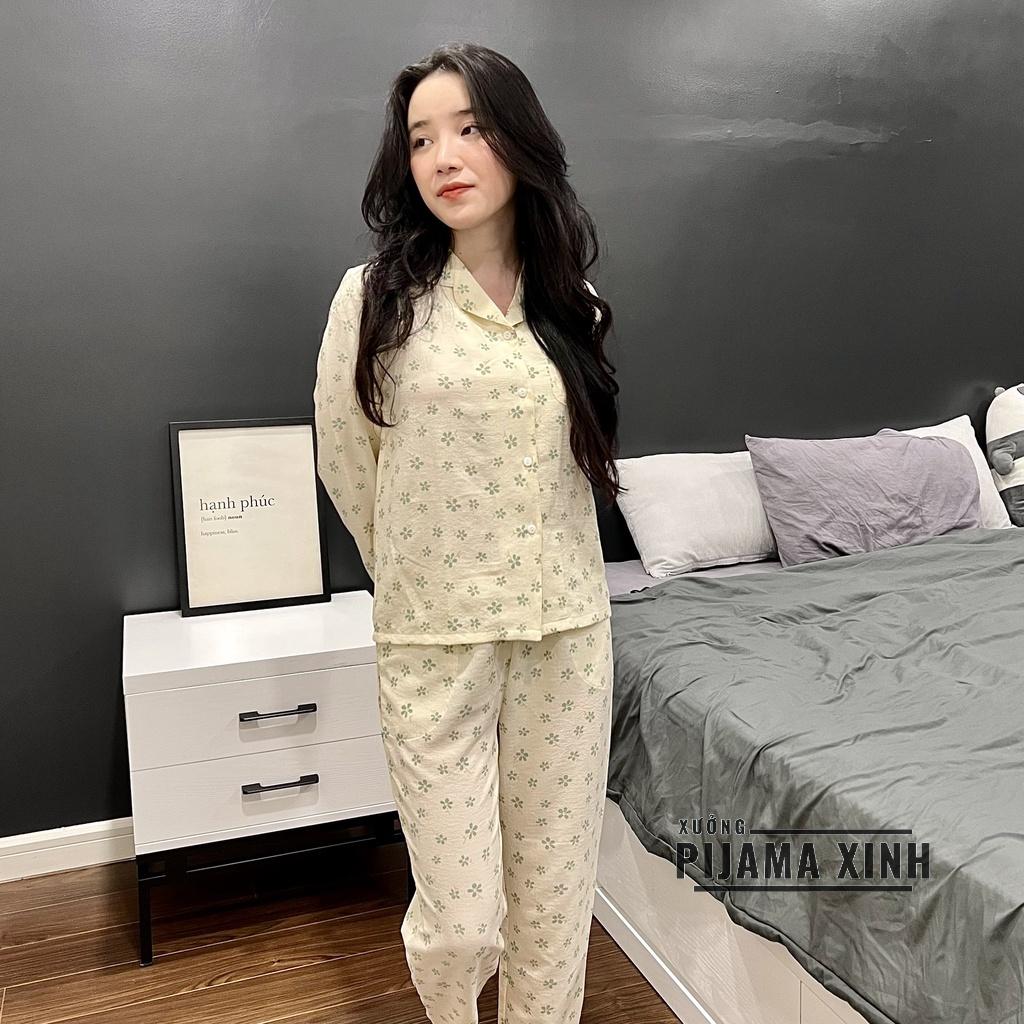 Đồ bộ nữ mặc nhà, pijama đũi xốp cao cấp hoạ tiết hoa xanh dễ thương