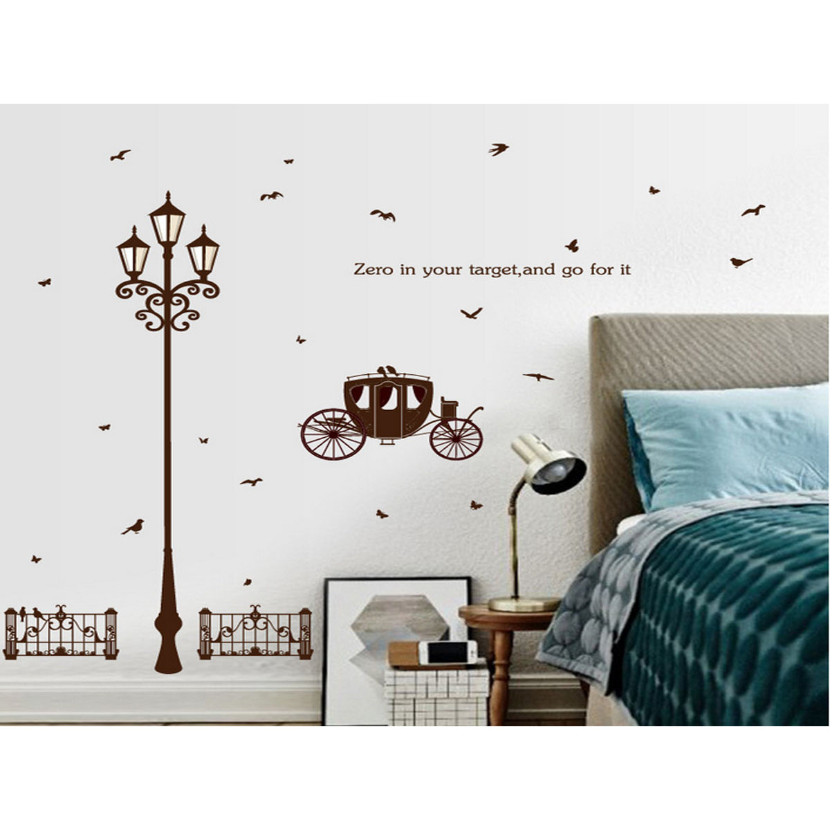 Decal dán tường cột đèn và xe kéo đen