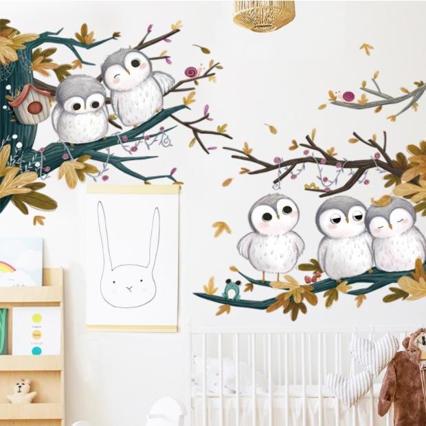 Decal trang trí tường - Gia đình Cú Mèo bên nhau hạnh phúc