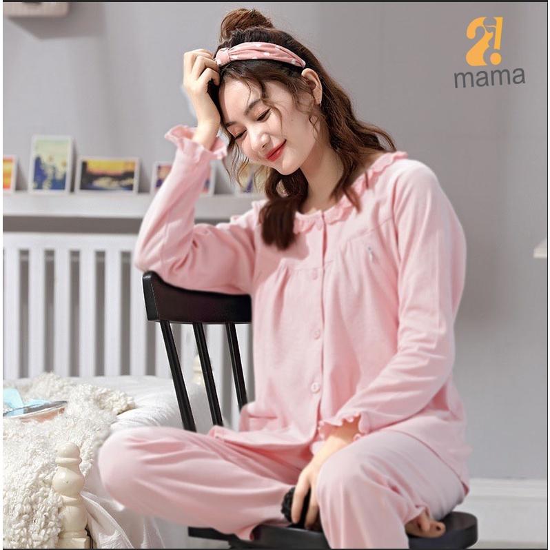 Bộ đồ bầu mặc nhà, sau sinh cotton dài tay cổ bèo trơn 2mama V200