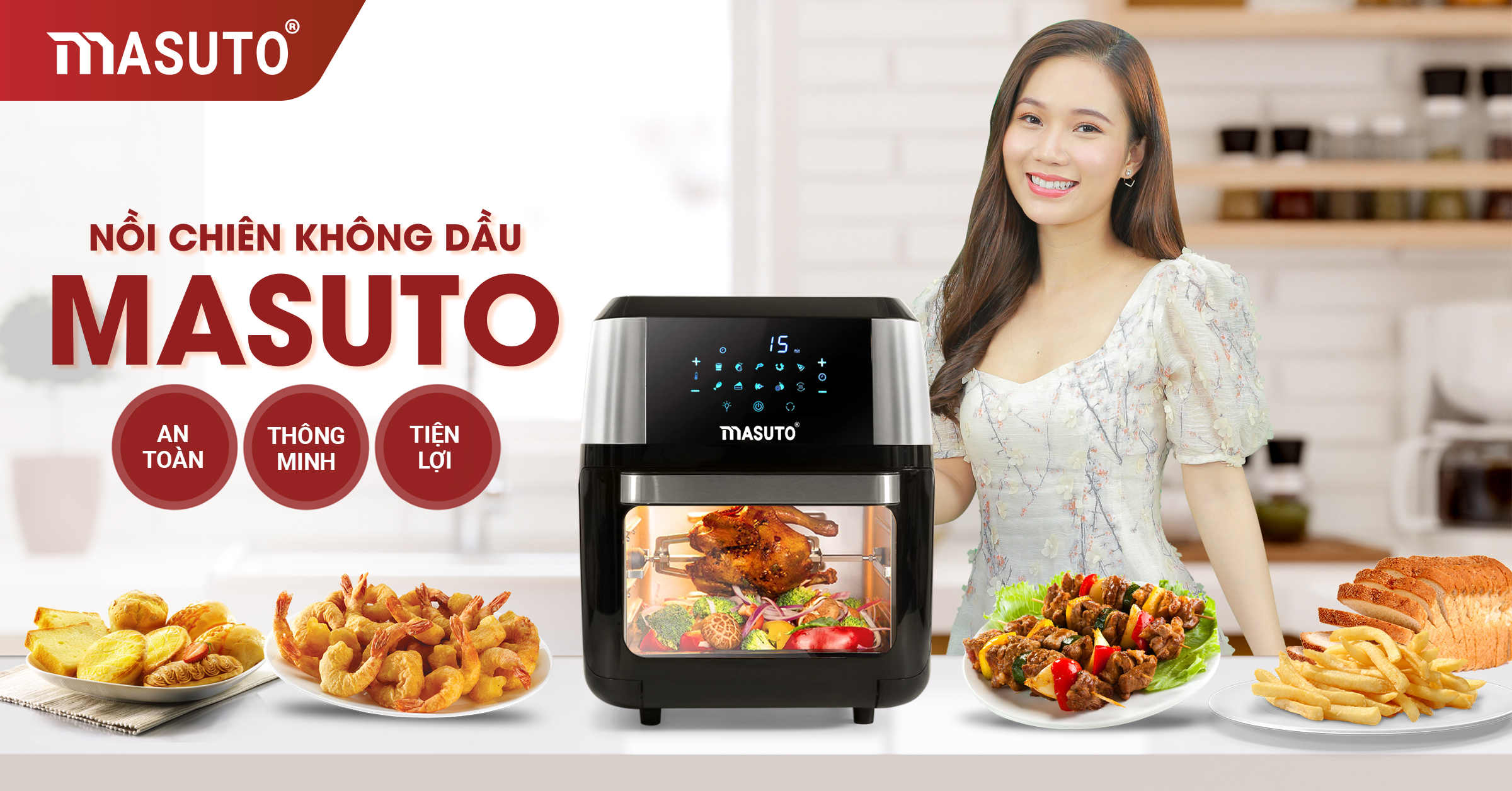 Nồi Chiên Không Dầu Masuto 12L Nướng Gà Nguyên Con Giỏ Inox Cao Cấp Thực Phẩm Chín Đều Ngoài Giòn Trong Mềm Mọng Nước-Hàng chính hãng