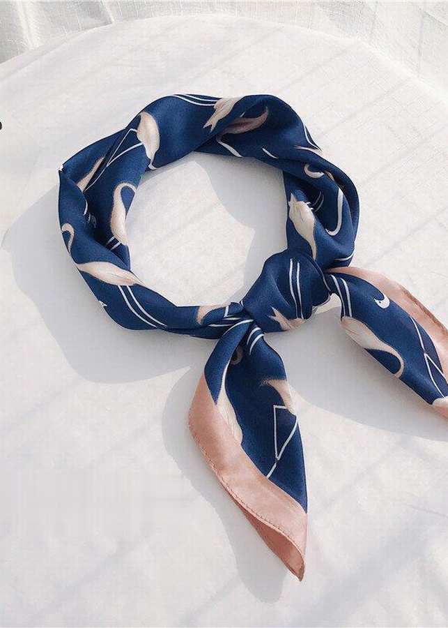 Khăn Lụa Vuông Màu Xanh Dương Họa Tiết Chim Hồng Hạc - KL061
