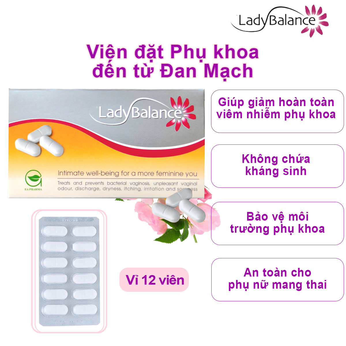 Viên đặt bảo vệ sức khoẻ phụ khoa và duy trì cân bằng môi trường phụ khoa LadyBalance - Đan Mạch - Hộp 12 viên - Không chứa kháng sinh, an toàn tuyệt đối cho bà bầu